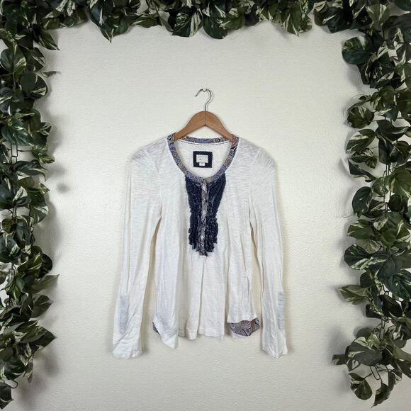 Postmark Anthropologie Ruffle Flare Long Sleeve Henley Top White Women’s Size S - Picture 1 of 7